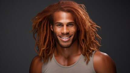 Portrait of an elegant sexy smiling African man with dark, perfect skin, red long hair, on a silver...