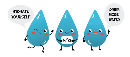 Set with three cute water drops characters, reminding about hydrationisolated vector illustration in flat design