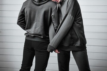 Man and woman wear black hoodies.  A fashion template for print and branding on hoodie. trendy...