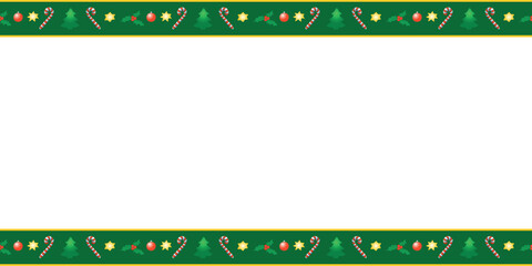 Vector background, frame, border of festive Christmas symbols in flat style. Horizontal top and bottom edging, decoration on theme New Year and xmas.