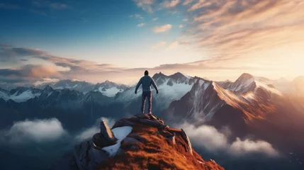Tuinposter A man stands on top of a mountain and looks at a breathtaking panoramic view of the mountains. The concept of goals and achievements © Zahid