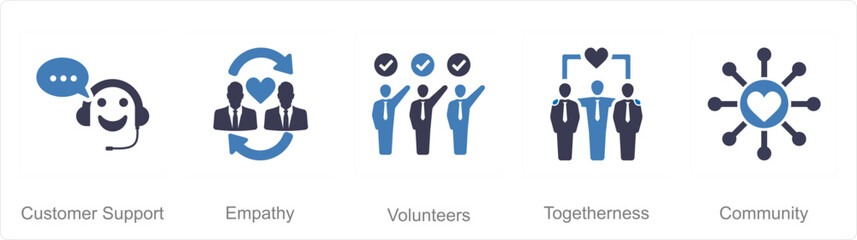 A set of 5 Charity and donation icons as customer support, empathy, volunteers
