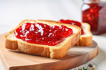 Toasted bread with sweet jam on wooden background