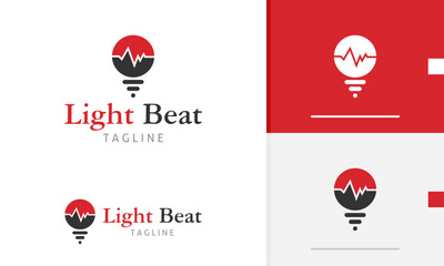 Logo design icon of light bulb lamp with pulse beat outline for hospital health monitor diagnose - obrazy, fototapety, plakaty