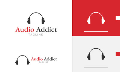 Logo design icon of headphone earphone listening playing recording music for audio addict studio