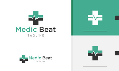 Logo design icon of plus health shape with pulse beat outline for hospital care monitor diagnose