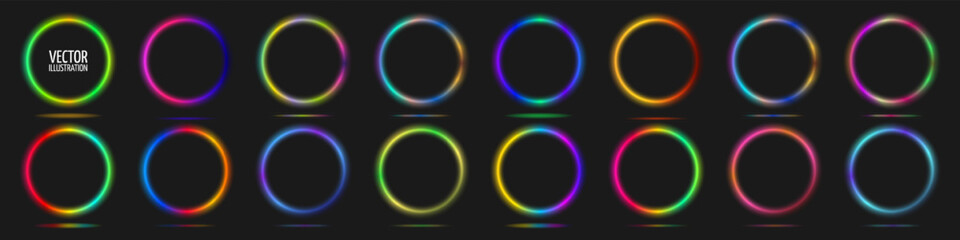Set of 16 Neon Rings with gradient transparent effect. Multi-colored glowing ring frames. Illuminated circle borders. Editable Vector Illustration.

