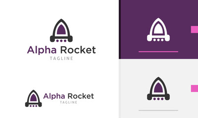 Logo design icon of modern rocket aircraft take off flying up to sky space with silhouette letter A
