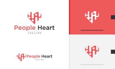 Logo design icon of heart love shape with silhouette of people person health care help community