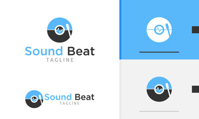 Logo design icon of spinning circle dj cd disk vinyl with pulse beat outline health care monitor