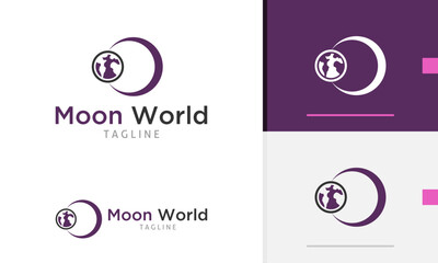 Logo design icon of crescent half moon in the sky with a small earth world globe shape space people