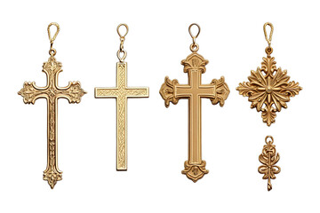 Collection of gold crosses on white background