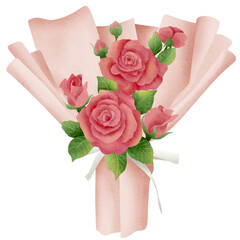 Bouquet of Pink Roses Wrapped in Pink Paper with White Ribbon for Valentine's Day