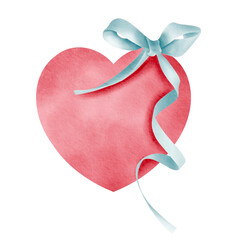 A pink heart with a blue bow. cute heart watercolor. 