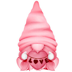 A pink gnome holding a red heart and a love. sign The gnome is wearing a pink hat and has a white beard. The sign is red and heart-shaped and says "Love" in red letters. Valentine's Day Digital Art of