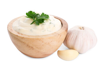 Tasty sauce with garlic and parsley isolated on white