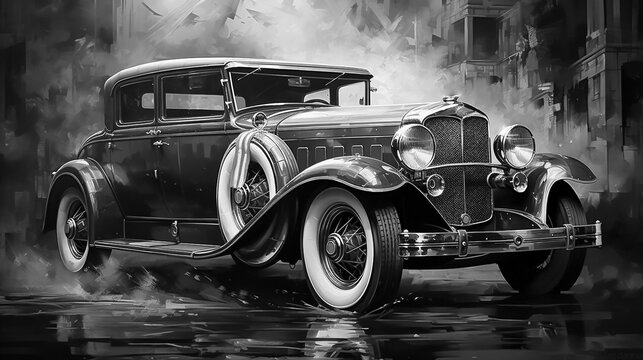 1920s vintage classic car in black and white photography