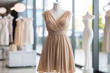 Elegant women's midi dress in neutral color on a mannequin, shopping center display. Festive evening or cocktail attire