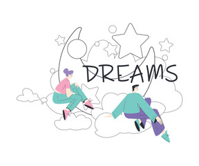 Dreaming Woman Character with Man and Woman Sit on Cloud Having Fancy Imagination Vector Illustration