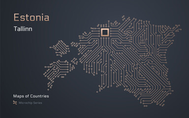 Estonia Map with a capital of Tallinn Shown in a Microchip Pattern with processor. E-government. World Countries vector maps.