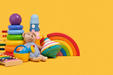 Play time and childhood. Cute toys collection. Copy space for text.