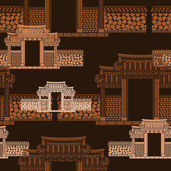 Editable Seamless Pattern of Traditional Korean Hanok Gate Building Vector Illustration With Dark Background for Decorative Element of Oriental History and Culture Related Design