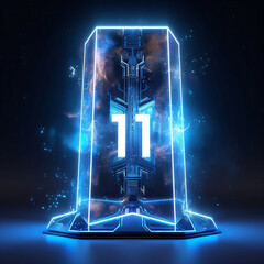 3d elevation hologram of number 11 on a pedestal in electric blue board in a dark background