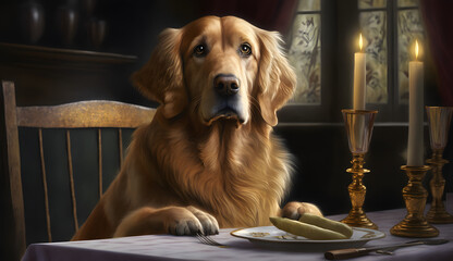 olden retriever at a table. Generative AI