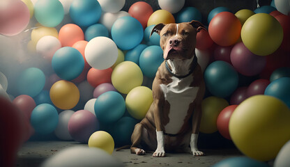 a pitbull sitting in a room filled with balloons. Generative AI