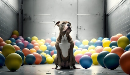 a pitbull sitting in a room filled with balloons. Generative AI