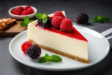 Cheesecake with fresh berries on grey background