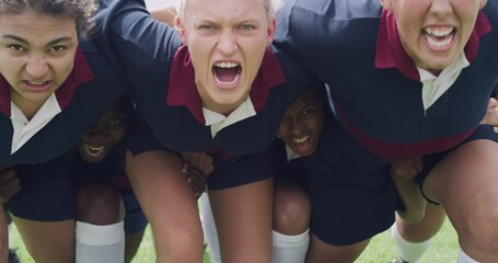 Rugby, scrum and women with fitness, game and competition with energy, fierce and teamwork. Players, face and girls with exercise, training and wellness with confidence, cooperation and hobby