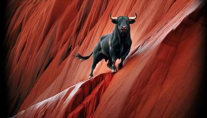 Black bull walking on a  rocky slippery red slope, metaphor for over optimistic bulls willing to take extreme risks in a bearish market - obrazy, fototapety, plakaty