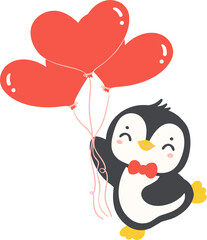 Cute Valentine Penguin with heart balloons cartoon illustration
