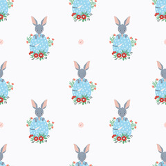Seamless pattern. Cute Easter animal bilby with eggs on white background. Vector illustration for design, wallpaper, packaging, textile
