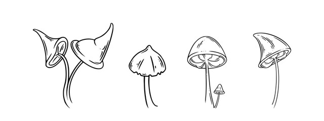 Poison mushrooms set. Psychedelic mushrooms for halloween designs. Vector illustration isolated in white background