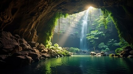 Beautiful waterfall with sunlight in the jungle. Waterfall streams in the green jungle arched cave