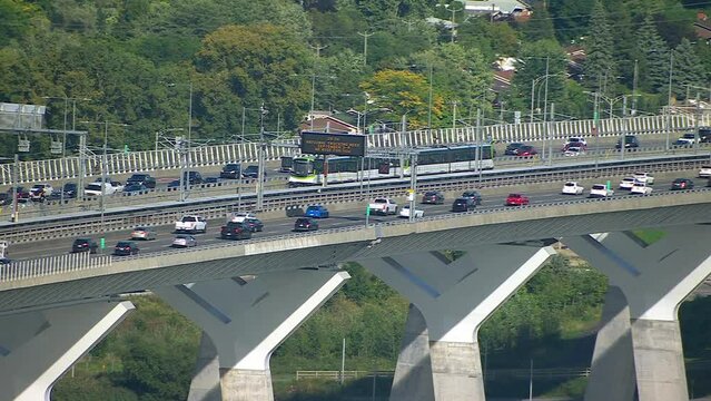 Traffic on Samuel De Champlain bridge in Brossard, Quebec, Helicopter Aerial View