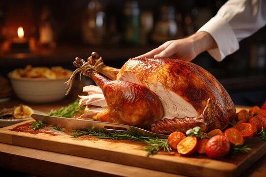 Man carving thanksgiving turkey at home - Powered by Adobe