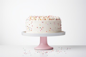 Birthday cake with colorful sprinkles on white background