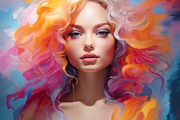 Obraz na płótnie Canvas Radiant golden hues and dynamic lines converge to create an abstract digital art portrait, capturing the sunlit elegance of the blond woman