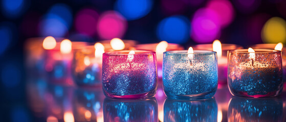 Sublime glowing candles in a glass with decorated glitter and colorful background bokeh, tranquil and peaceful romantic evening  under candlelight.  