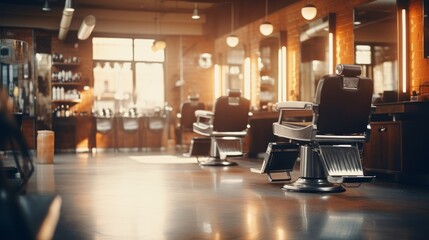 Blurred barbershop background. Background without people. Defocused barbershop interior. - Powered by Adobe