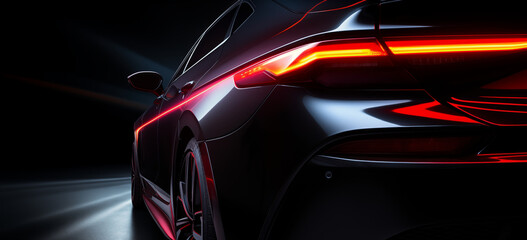 Coupe sports car in black view with close-up red LED tail lights, in the style of agressive. Generic brandless - obrazy, fototapety, plakaty