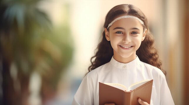 Middle Eastern schoolgirl smiling holding book and looking at camera, background blur, copy space , generative ai