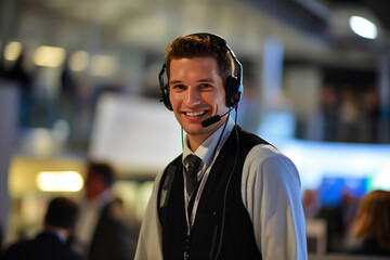 Corporate Event Coordinator: Smiling Male Host with Headset - Event Planning, Professional Organizer, Business Conference, Client Services, Hospitality, Public Relations, Corporate Communication