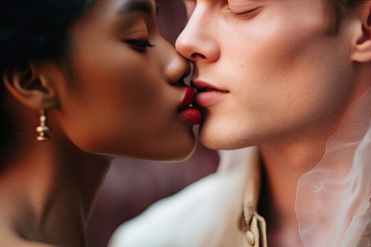 A passionate and diverse couple shares a loving kiss, expressing intimacy and happiness.