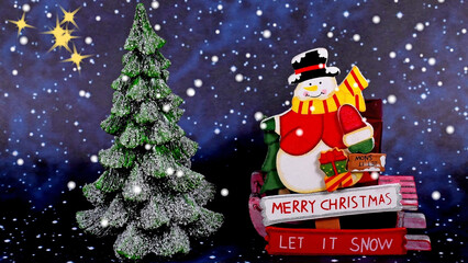 Santa Claus with text Merry Christmas and snowy fir tree