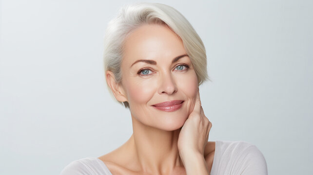 Middle-aged woman fresh face  beautiful  glowing  healthy skin Isolated on white background.for skincare products.