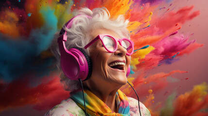 Fototapeta premium Senior lady, headphones, adorned in vibrant colors. Stylish, tech-savvy and modern elder in a lively setting. On a vibrant journey with a touch of energetic flair.